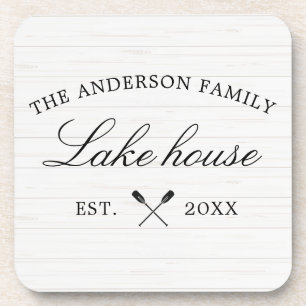 Rustic Wood Lake House Custom Family Name Coaster