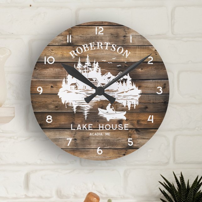 Rustic Wood Lake House Scene Family Name  Round Clock (Creator Uploaded)