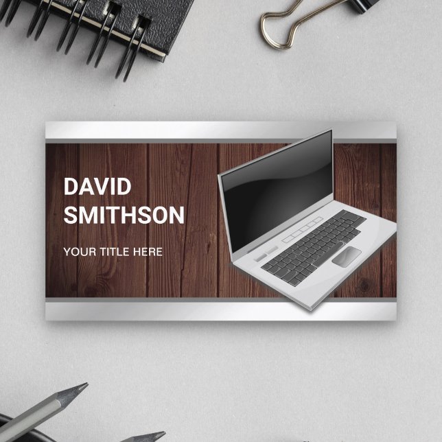 Rustic Wood Laptop PC Computer Repair Technician Business Card (Creator Uploaded)