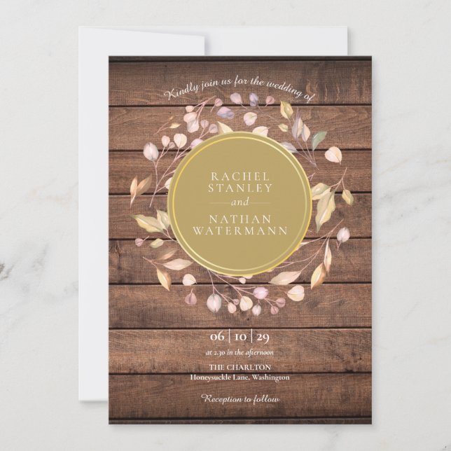 Rustic Wood Laurel Garland Gold Wedding Invitation (Front)