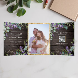 Rustic Wood Lavender Eucalyptus QR Code Wedding Tri-Fold Invitation