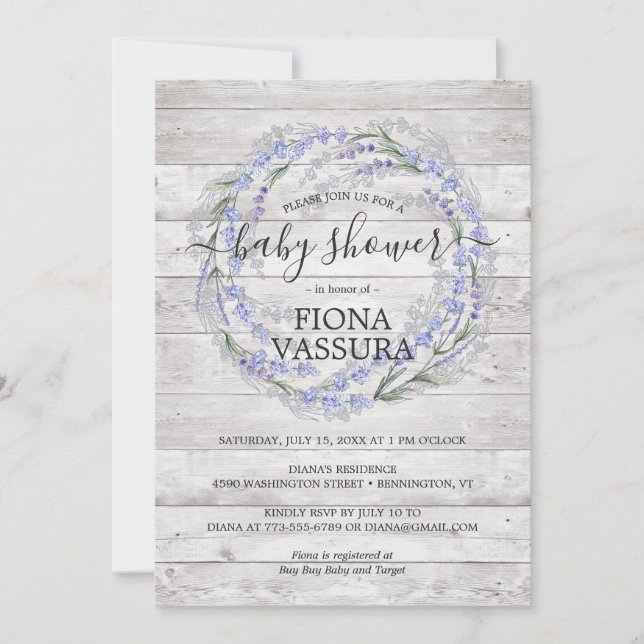 Rustic Wood Lavender Floral Wreath Baby Shower Invitation (Front)