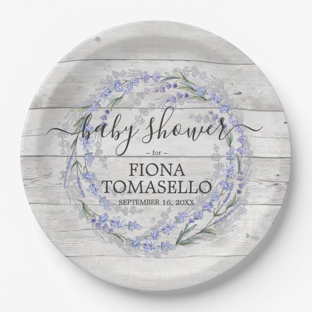 Rustic Wood Lavender Floral Wreath Baby Shower Paper Plate (Front)