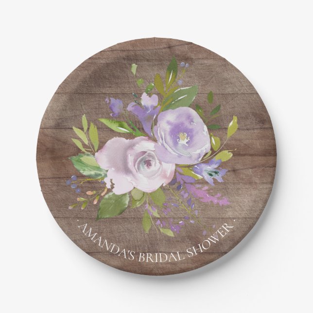 Rustic Wood Lavender Flowers Shower 7" Plate (Front)