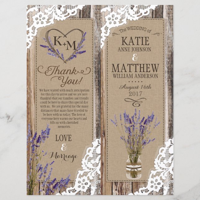 Rustic Wood Lavender Lace Floral Program Card (Front)