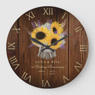 Rustic Wood Lavender Sunflower Wedding Anniversary Large Clock