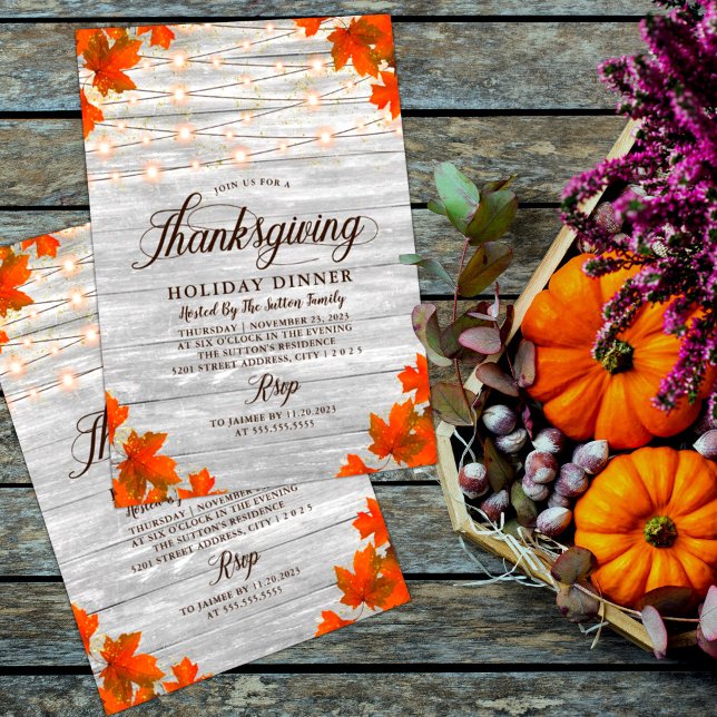 Rustic Wood Leaves String Lights Thanksgiving Invitation (Creator Uploaded)