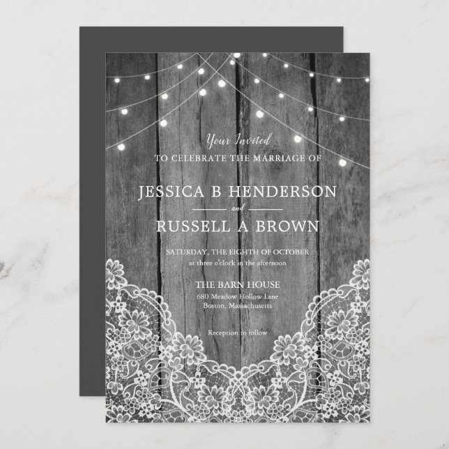 Rustic Wood Light Lace B&W Wedding Invitation (Front/Back)