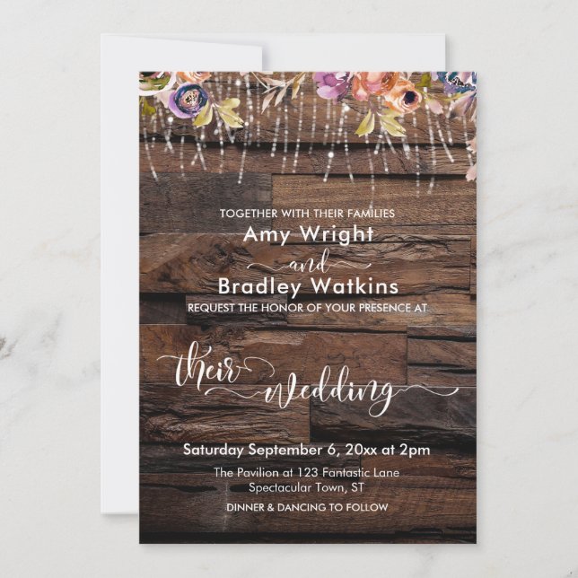 Rustic Wood, Light Strings & Flowers Wedding Invitation (Front)