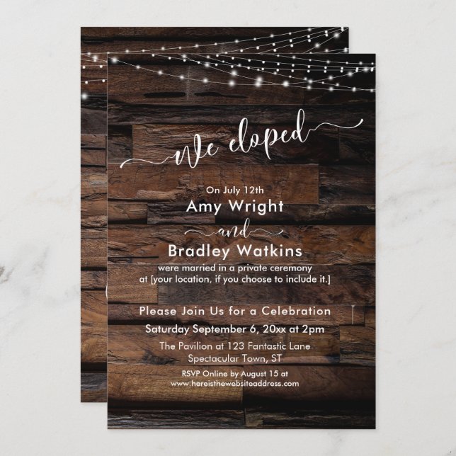 Rustic Wood Light Strings We Eloped Reception-Only Invitation (Front/Back)
