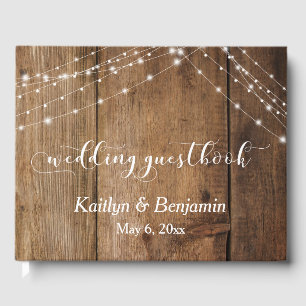 Rustic Wood & Light Strings Wedding Guest Book