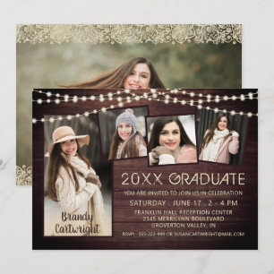 Rustic Wood Lights 5 Photo Collage Graduation Invitation