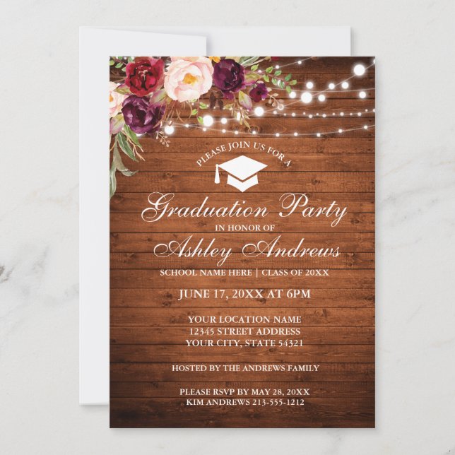 Rustic Wood Lights Burgundy Grad Party Invite (Front)