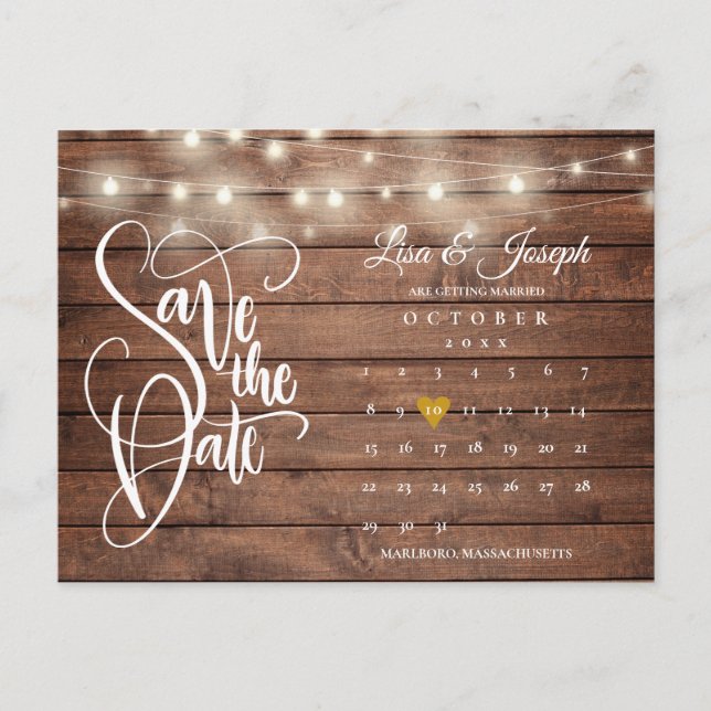 Rustic Wood Lights Calendar QR Code Save the Date Announcement Postcard (Front)