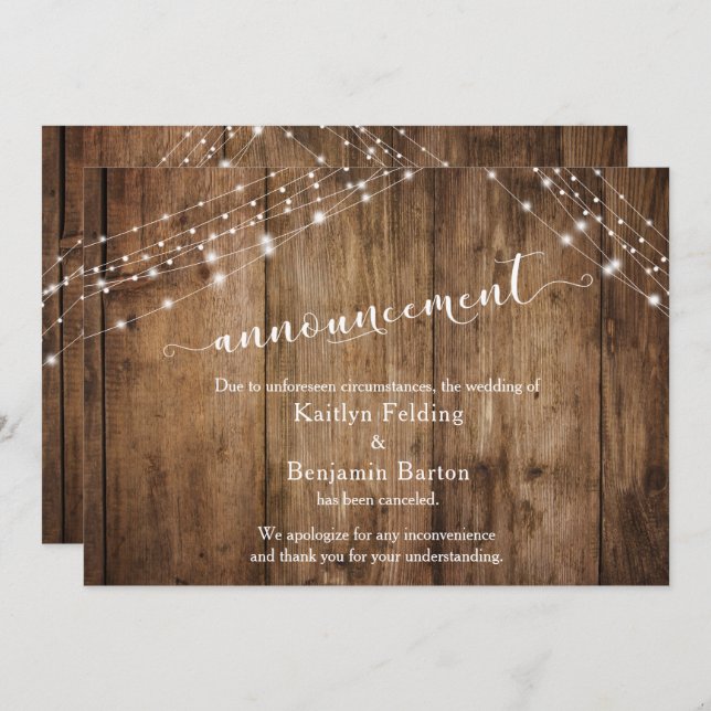 Rustic Wood & Lights Cancelled Wedding Announcemen Invitation (Front/Back)