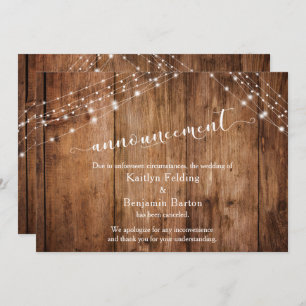 Rustic Wood & Lights Cancelled Wedding Announcemen Invitation
