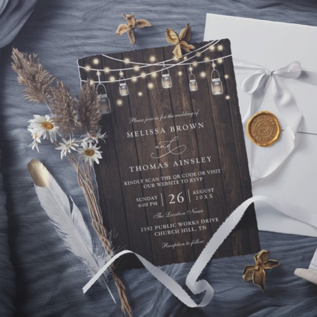 Rustic Wood & Lights Country Chic QR Code Wedding Invitation (Creator Uploaded)