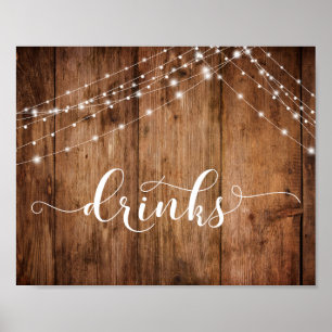 Rustic Wood & Lights Drinks Reception Sign