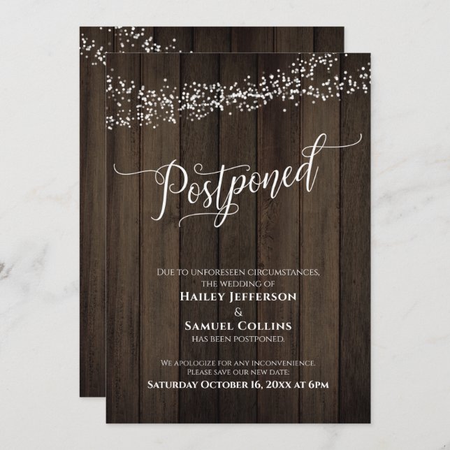 Rustic Wood, Lights Elegant Postponed Wedding Card (Front/Back)