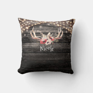 Rustic Wood & Lights Floral Antlers Boho Chic Cushion
