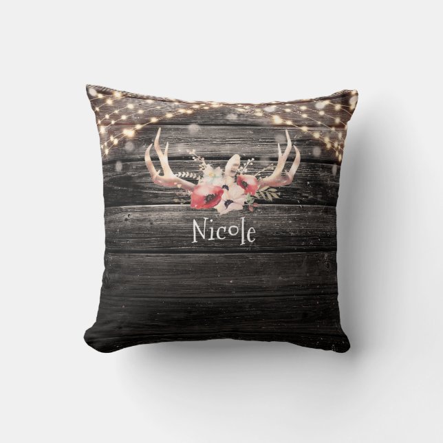 Rustic Wood & Lights Floral Antlers Boho Chic Cushion (Front)