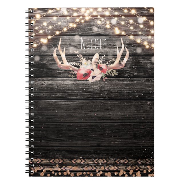 Rustic Wood & Lights Floral Antlers Boho Chic Notebook (Front)
