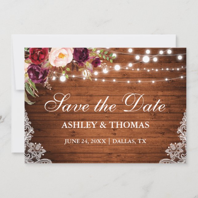 Rustic Wood Lights Floral Lace Save the Date (Front)