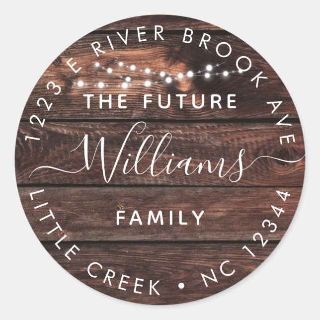 Rustic Wood + Lights | Future Mr and Mrs Address Classic Round Sticker (Front)
