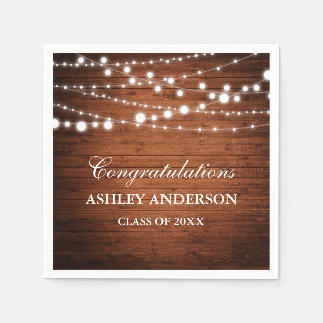 Rustic Wood Lights Graduation Party Napkin (Front)
