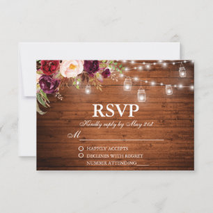 Rustic Wood Lights Jars Floral Wedding RSVP Card