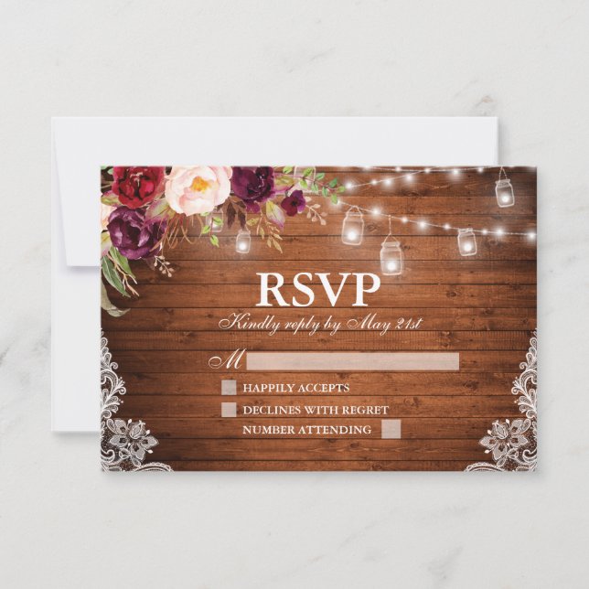 Rustic Wood Lights Jars Lace Floral Wedding RSVP Card (Front)