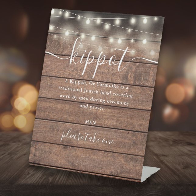 Rustic Wood Lights Jewish Wedding Kippot Yarmulke Pedestal Sign (Rustic Wood Lights Jewish Wedding Kippot Yarmulke Pedestal Sign)