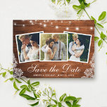 Rustic Wood Lights Lace 3 Photo Save The Date Card<br><div class="desc">Rustic Wood String Lights and Lace 3 Photo Save The Date Engagement Announcement Card</div>