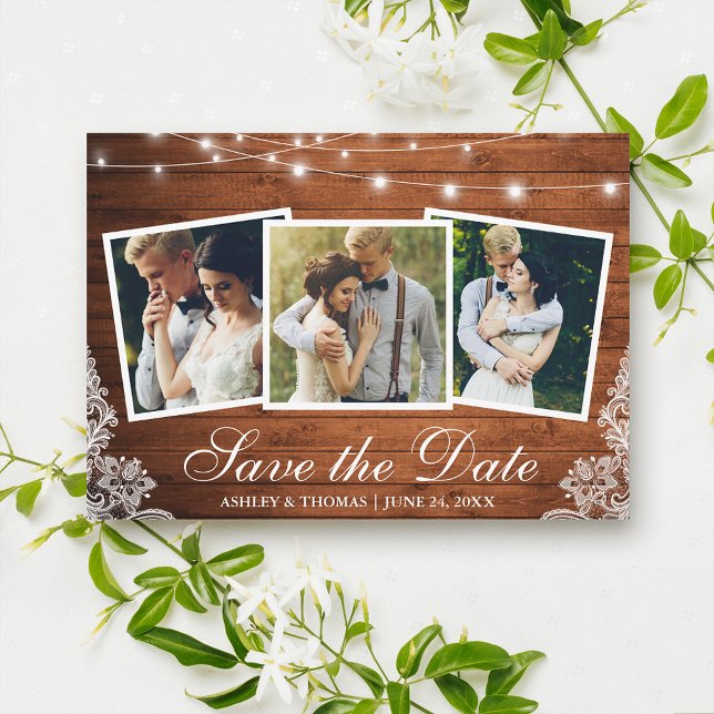 Rustic Wood Lights Lace 3 Photo Save The Date Card (Customize to add more text or more photos to back of card.)