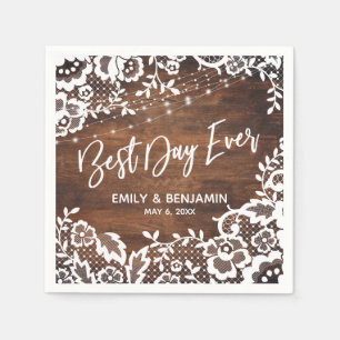 Rustic Wood Lights & Lace Best Day Ever Typography Napkin