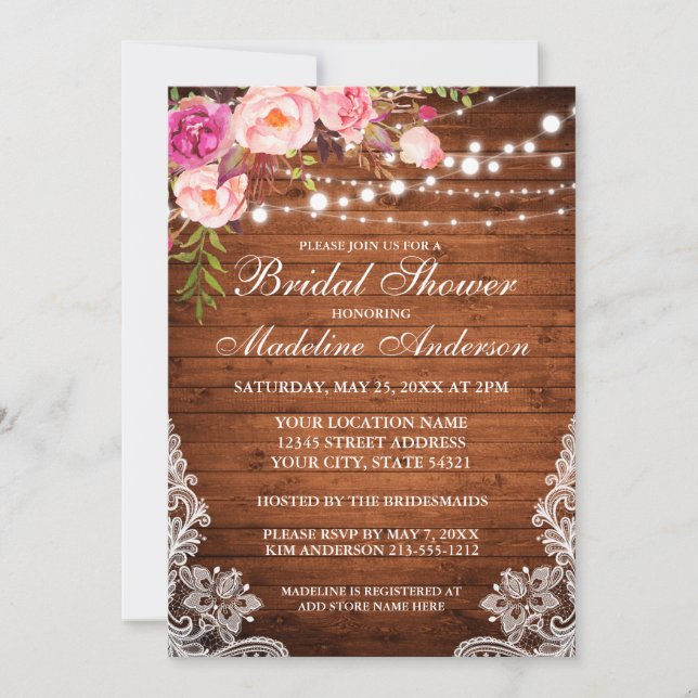 Rustic Wood Lights Lace Floral Bridal Shower Invitation (Front)
