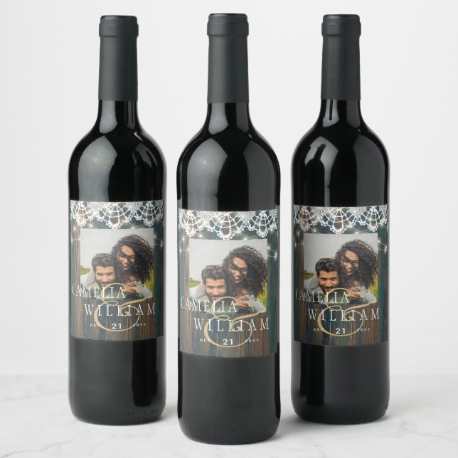 RUSTIC WOOD LIGHTS LACE Gift Favour Decor Wine Label (Bottles)
