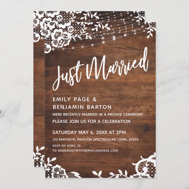Rustic Wood, Lights & Lace Just Married Typography Invitation (Front/Back)