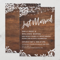 Rustic Wood, Lights & Lace Just Married Typography