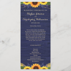 Rustic Wood Lights Lace Navy Sunflower Wedding Program