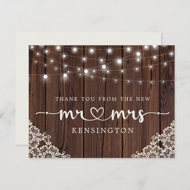 Rustic Wood Lights Lace New Mr Mrs Thank You Postc (Front/Back)