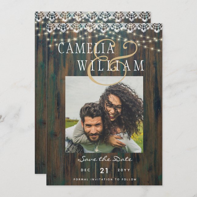 RUSTIC WOOD LIGHTS LACE PHOTO Wedding Save Date Invitation (Front/Back)
