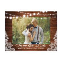 Rustic Wood Lights Lace Save the Date Back Text