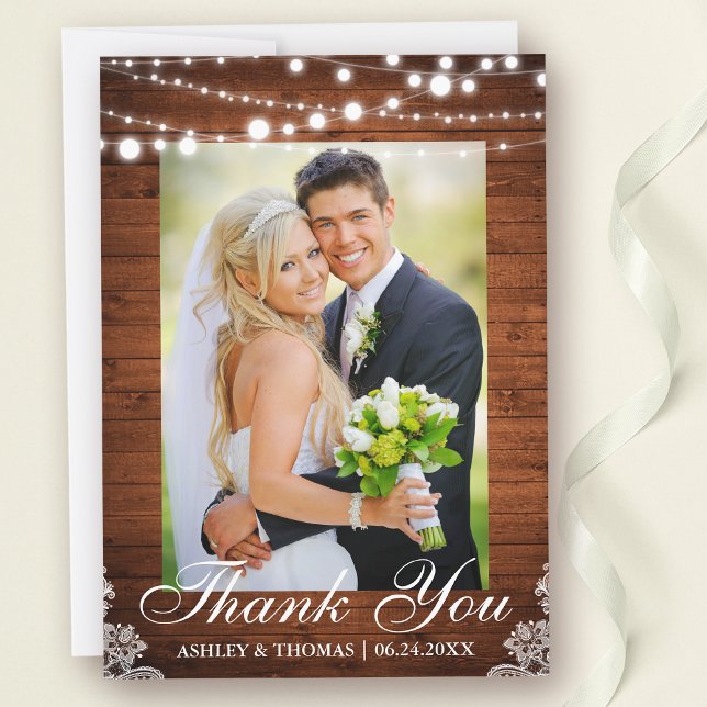 Rustic Wood Lights Lace Wedding Photo Thank You (Customize to change text size, text style or to add text to back of card.)