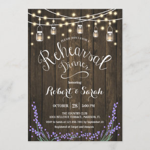 Rustic Wood Lights Lavender Rehearsal Dinner Invitation