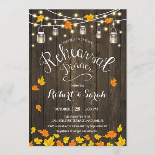 Rustic Wood Lights Leaves Rehearsal Dinner Invitation