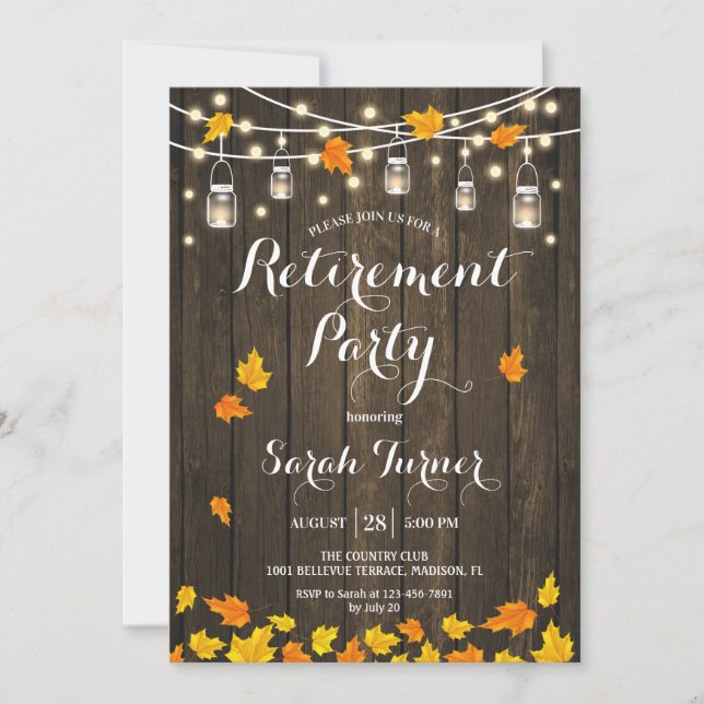 Rustic Wood Lights Leaves Retirement Party Invitation (Front)