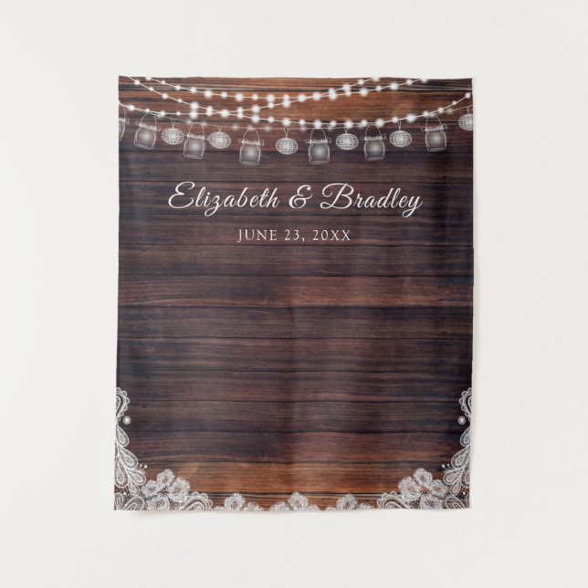Rustic Wood Lights Mason Jar Wedding Backdrop Tapestry (Front)
