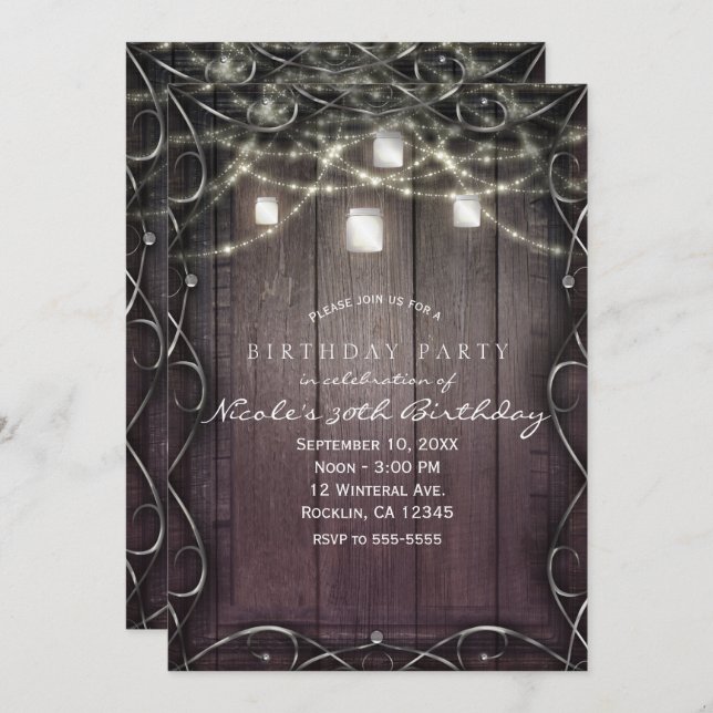 Rustic Wood Lights & Mason Jars Flourish Birthday Invitation (Front/Back)