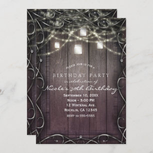 Rustic Wood Lights & Mason Jars Flourish Birthday Invitation